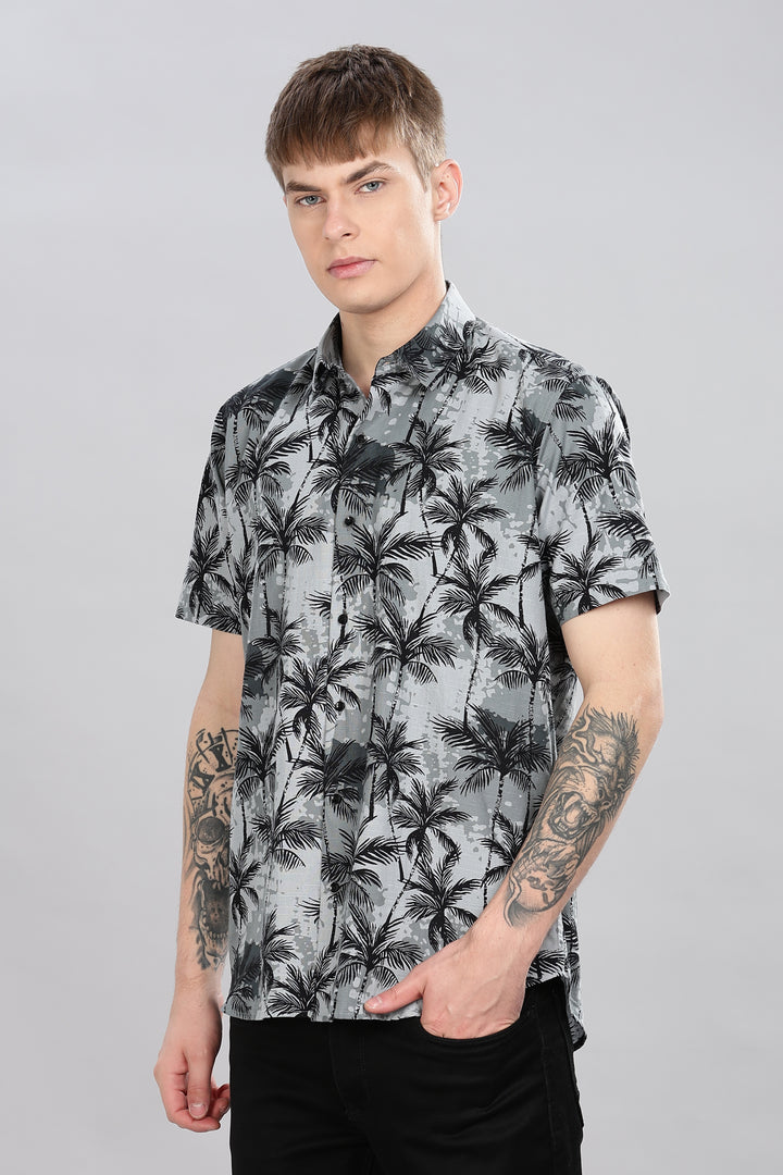 Tropical Grey Palm Print Shirt