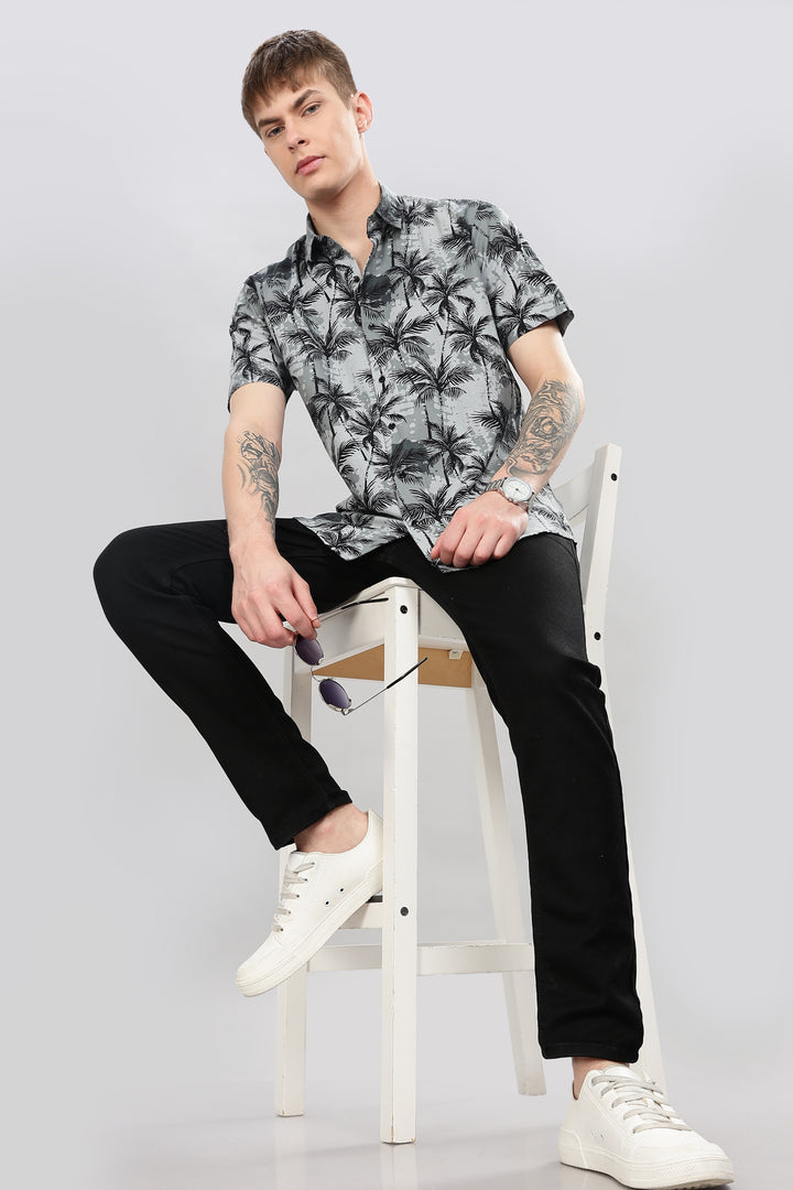 Tropical Grey Palm Print Shirt