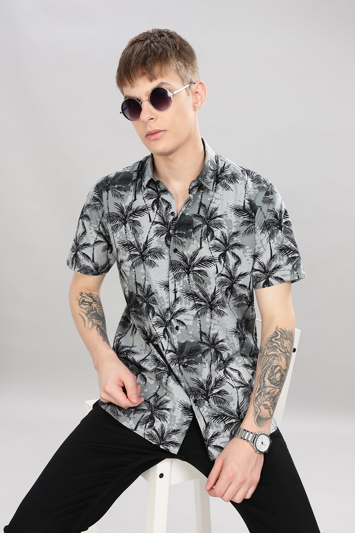 Tropical Grey Palm Print Shirt